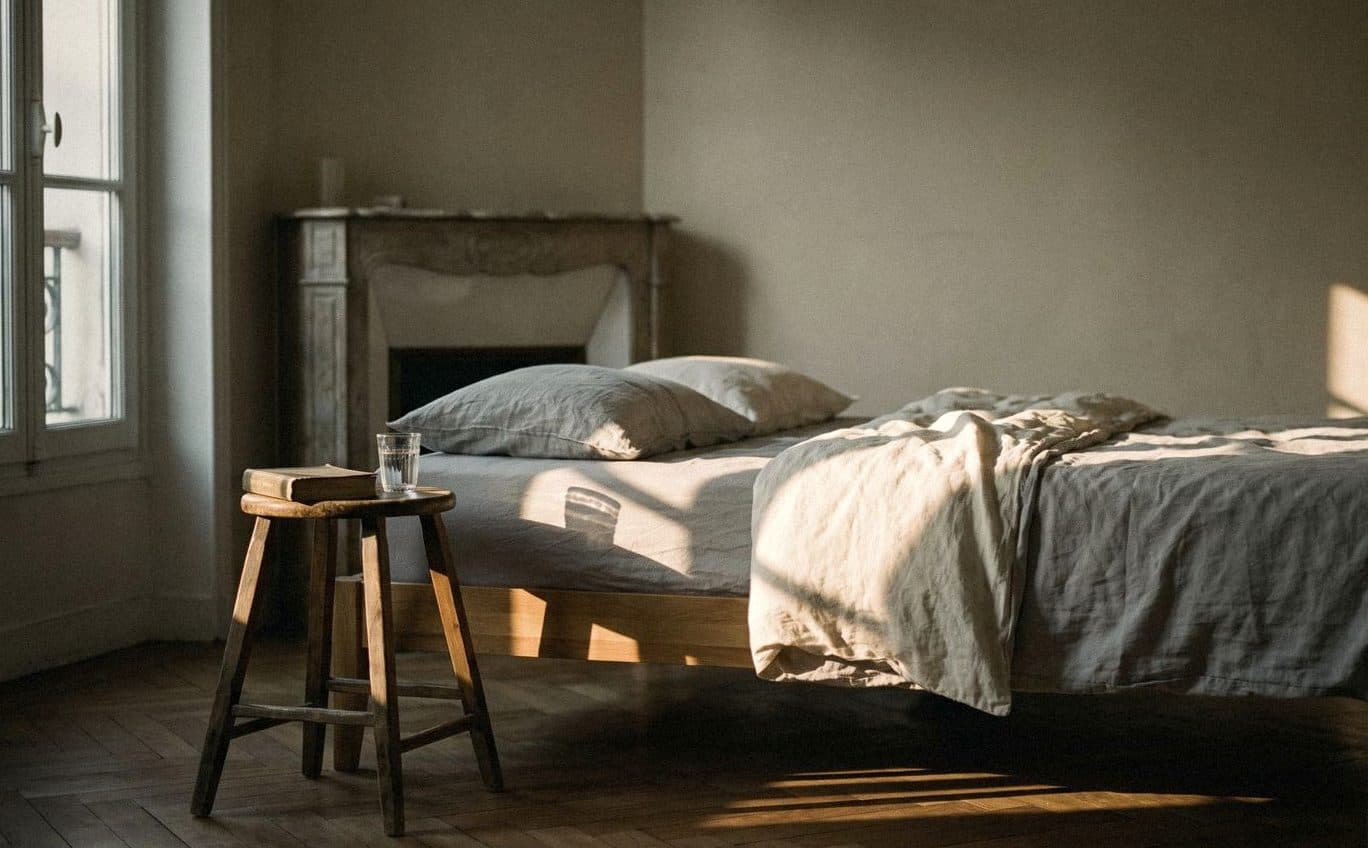 A calm bedroom with soft greige walls, a wooden bed in linen sheets and a stool with a glass and a book