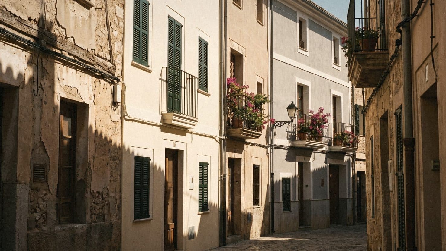 A sunny lane of houses in cream, beige and pale grey, with dark green shutters and flower-filled balconies