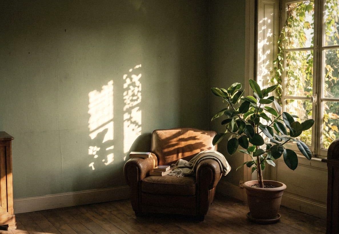 Sage-green room dappled with leaf shadows, a brown leather armchair with books and a rubber plant in a clay pot