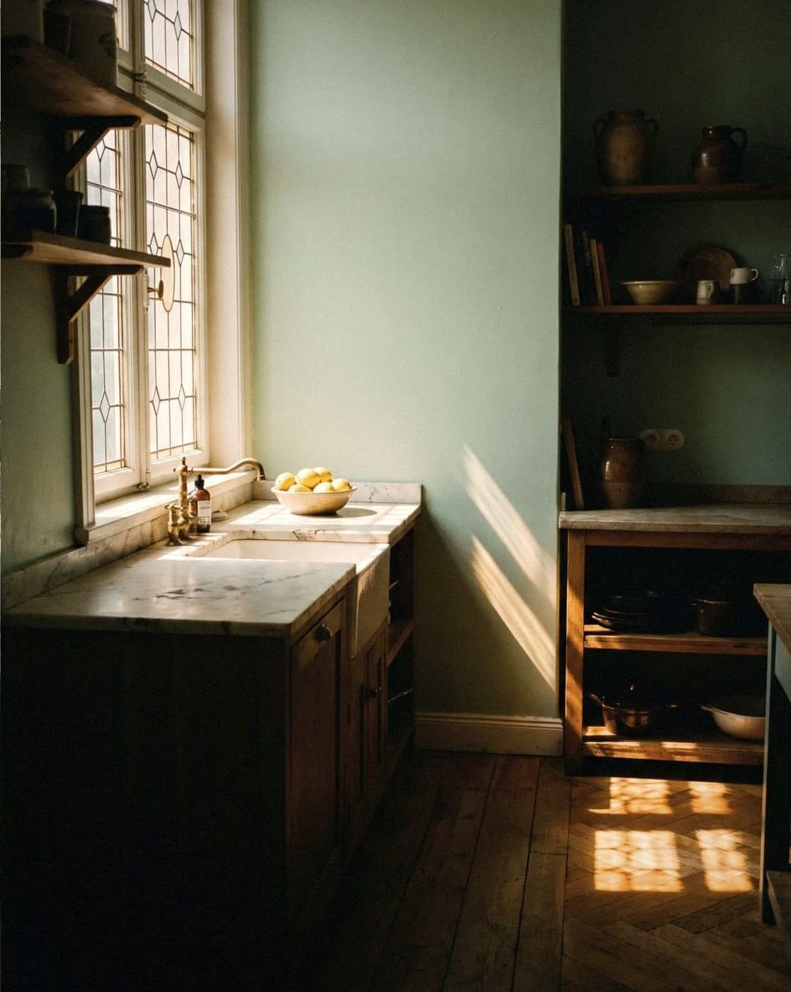 A kitchen with pale mint green walls, a marble sink, a bowl of lemons and wooden shelves of pottery