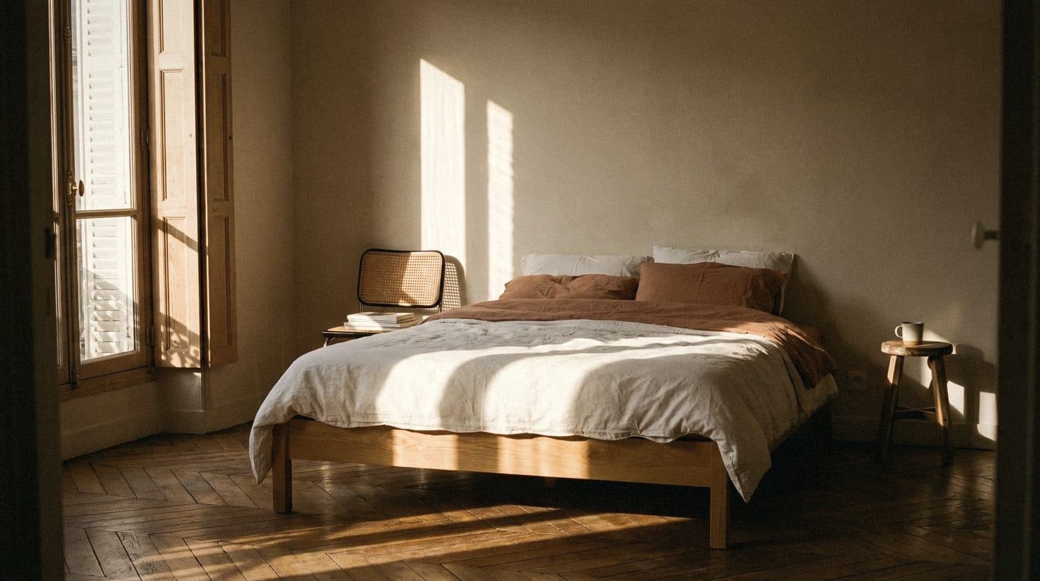 A bedroom with warm cream walls in morning sun, a wooden bed in white linen with rust pillows and a stool by the bed.