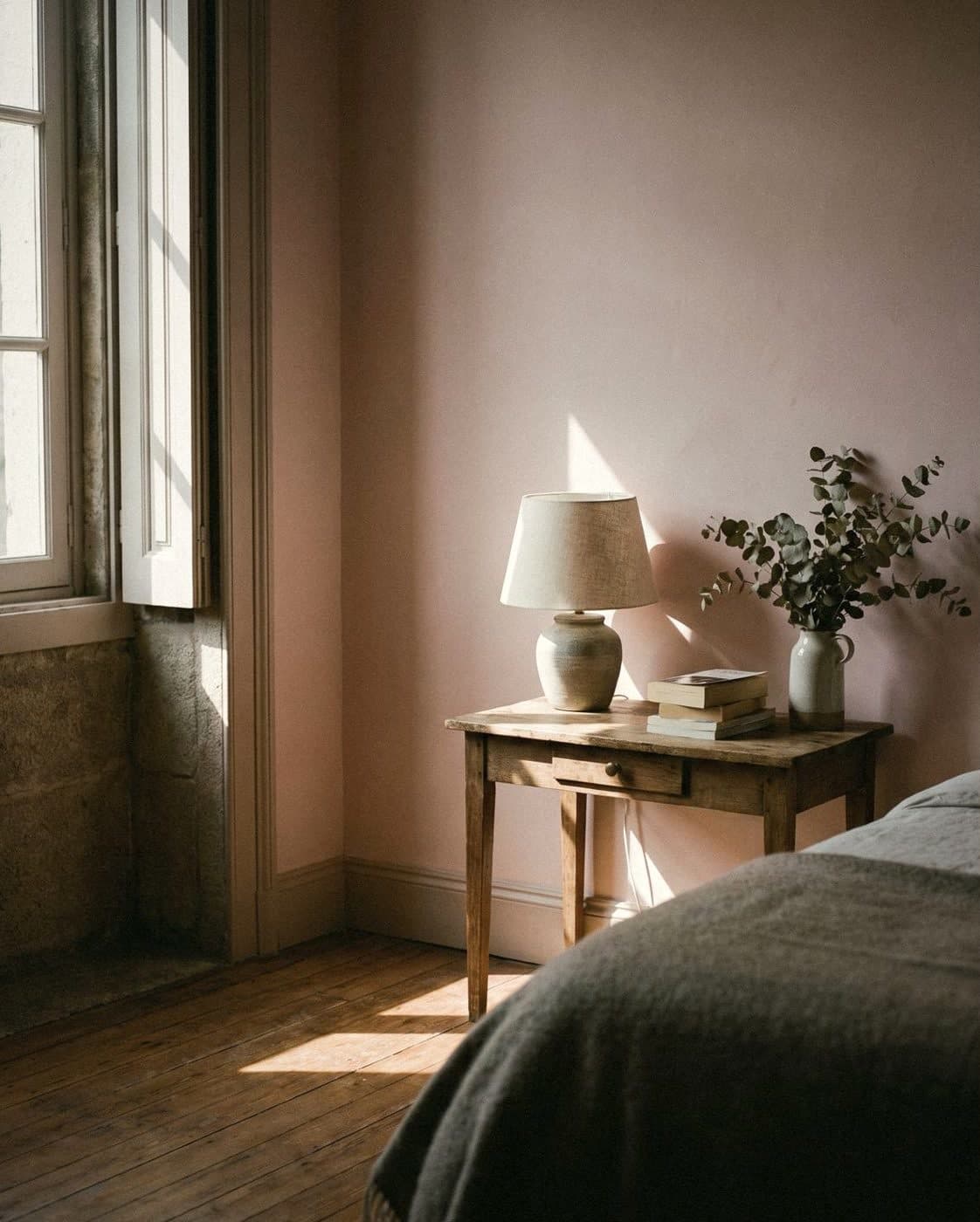 A bedroom corner with a soft dusty pink wall, a wooden bedside table, a ceramic lamp and eucalyptus