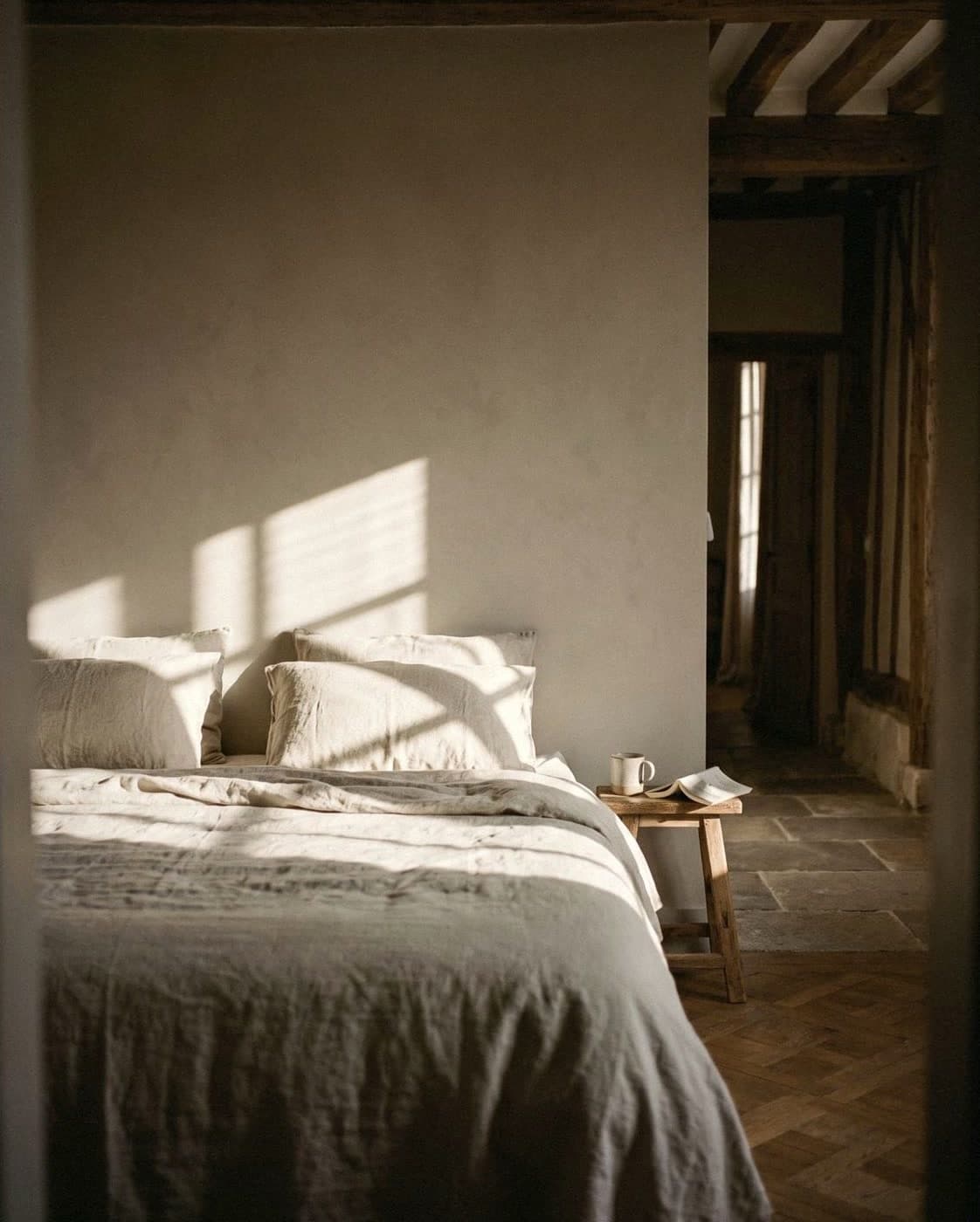 A linen-made bed against a warm off-white wall in morning sun, with a mug and a book on a stool