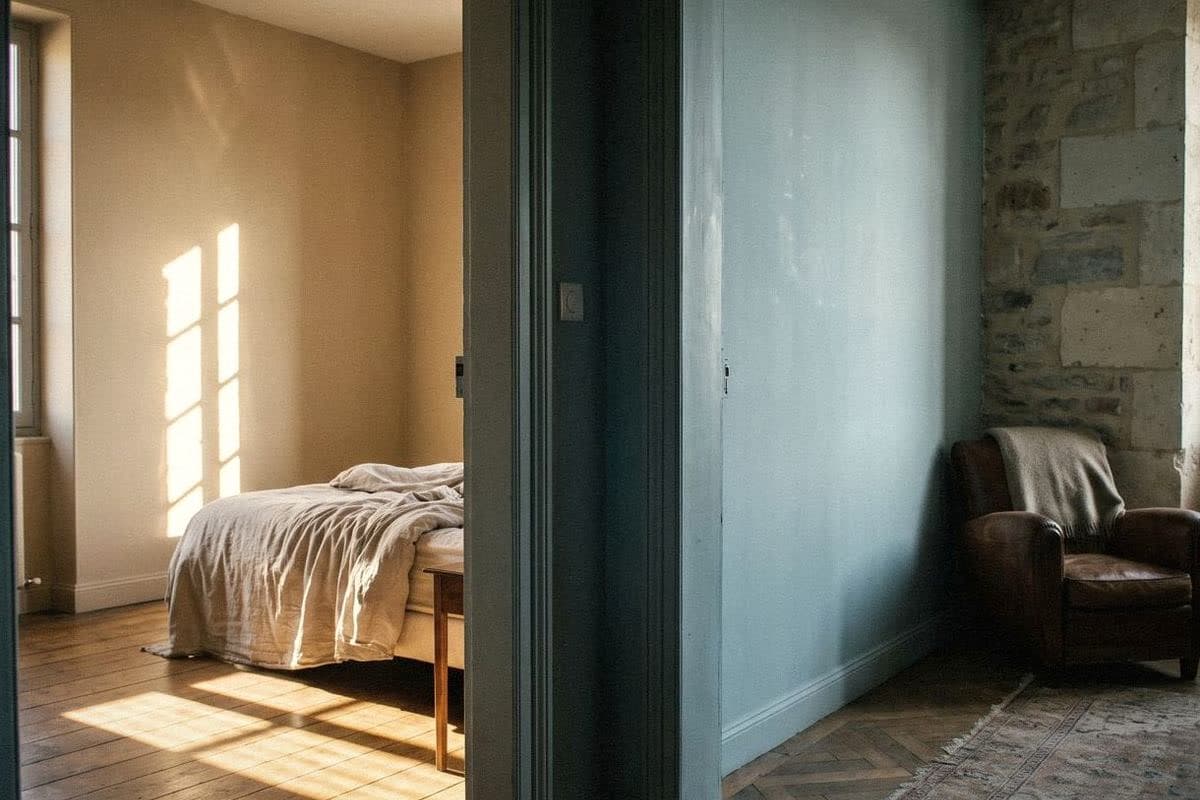A warm beige bedroom in late sun, seen through a doorway from a cool, muted blue room next door