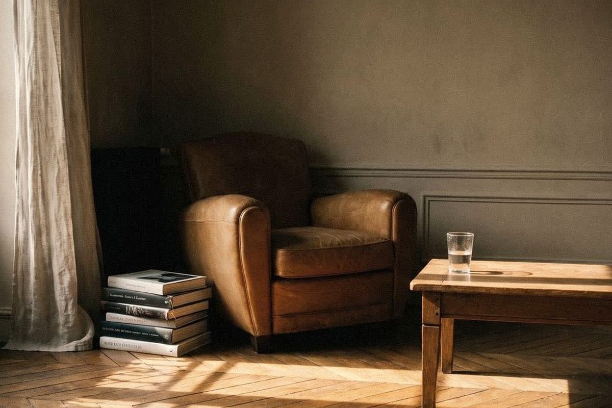Leather armchair against a greige panelled wall, with stacked books, a linen curtain and herringbone floor