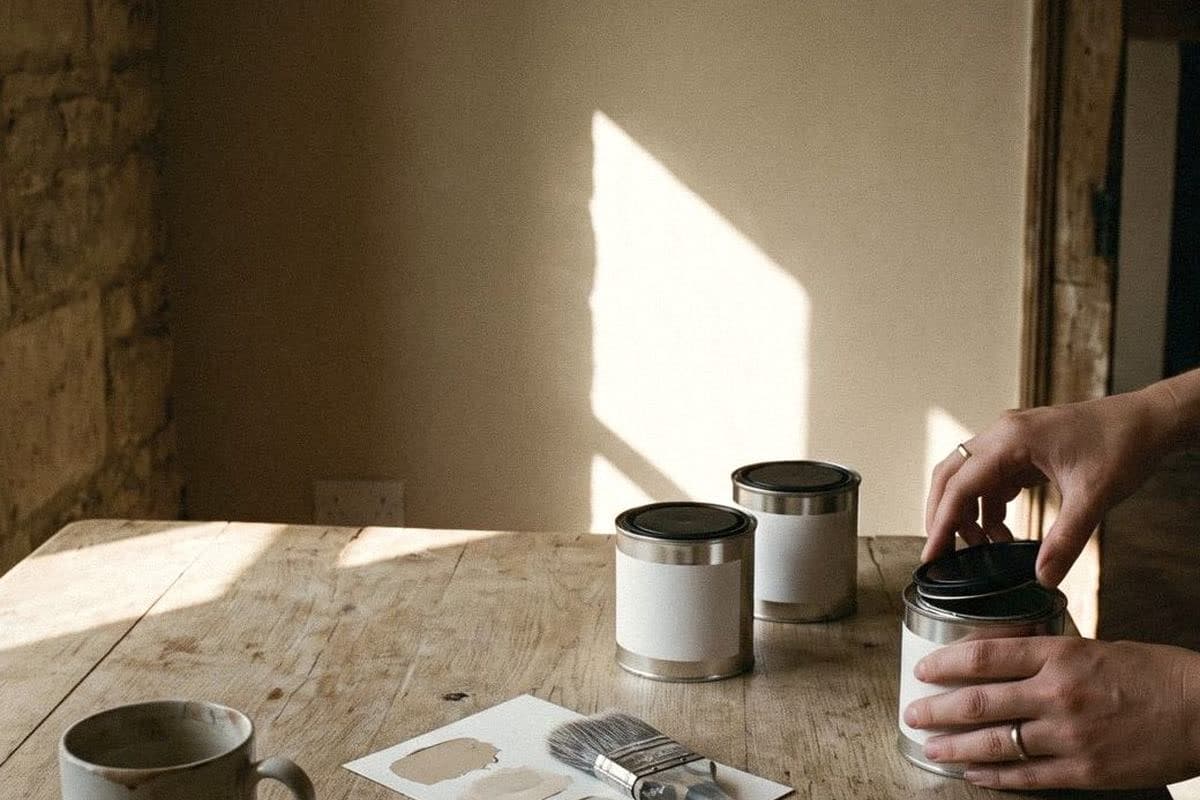 Hands opening small sample tins on a wooden table beside beige swatches, in front of a sunlit cream wall