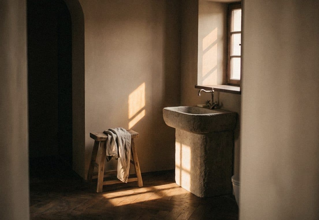 A bathroom with warm beige plaster walls, a carved stone basin and a wooden stool with a towel in low window light