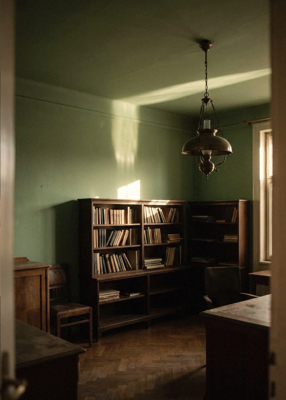 A study with sage green walls and ceiling in one colour, wooden bookcases and a brass pendant lamp