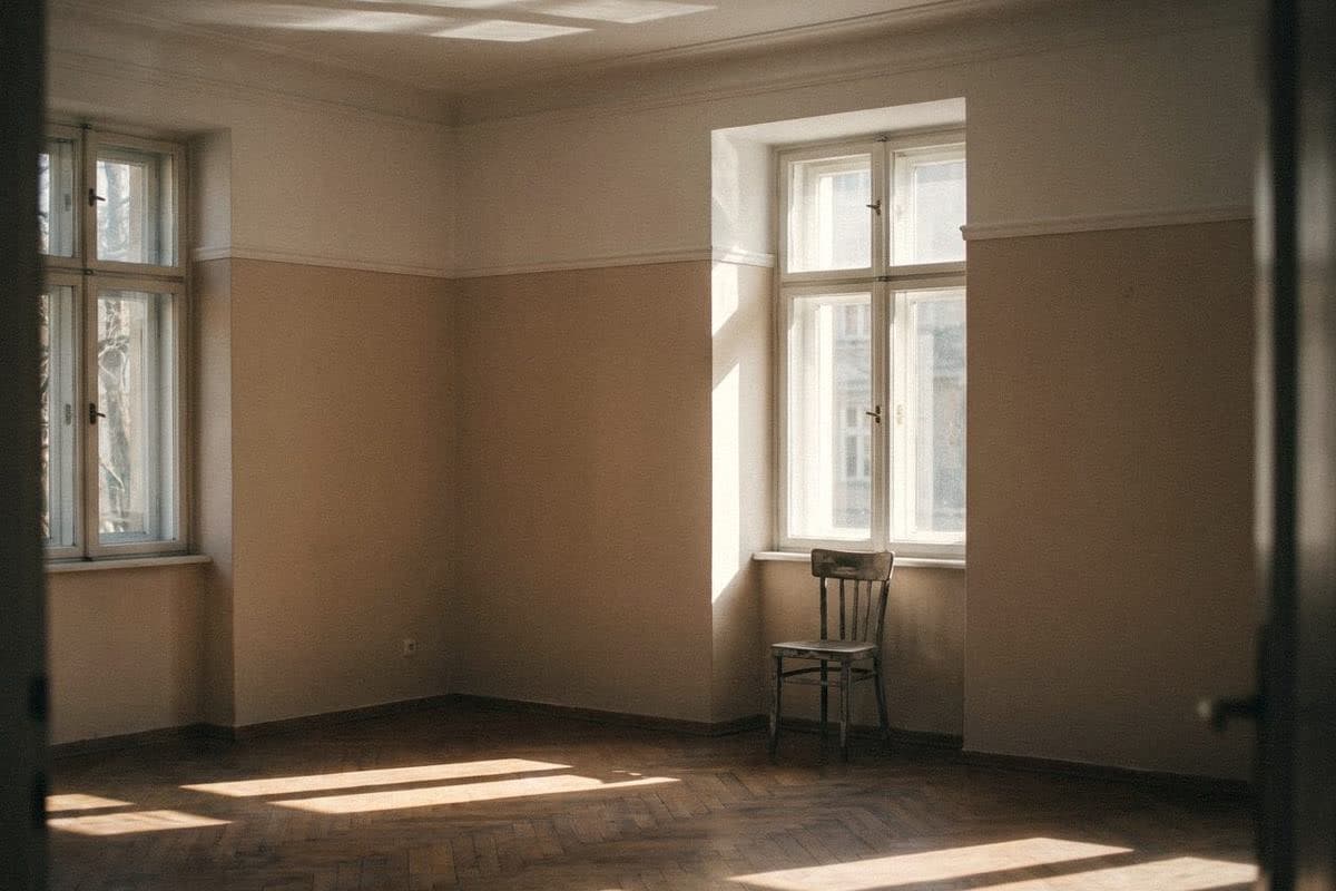 An empty room with beige lower walls and a brighter white upper band and ceiling, tall windows and a lone chair