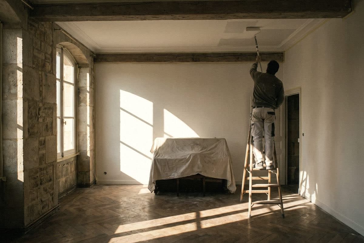 A painter on a stepladder rolling white paint on a ceiling with a long-handled roller, furniture under a dust sheet