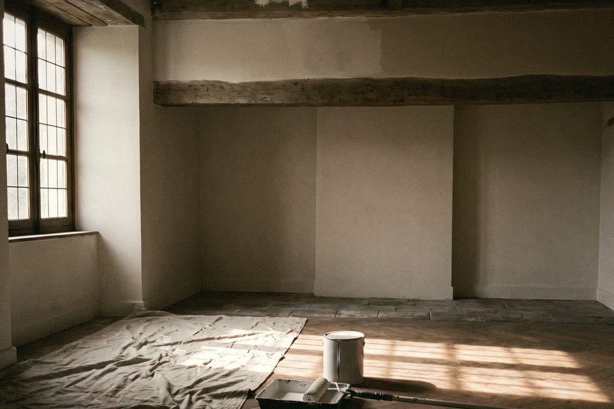 An empty room with a half-painted ceiling above a timber beam, a paint tin, roller tray and dust sheet on the floor