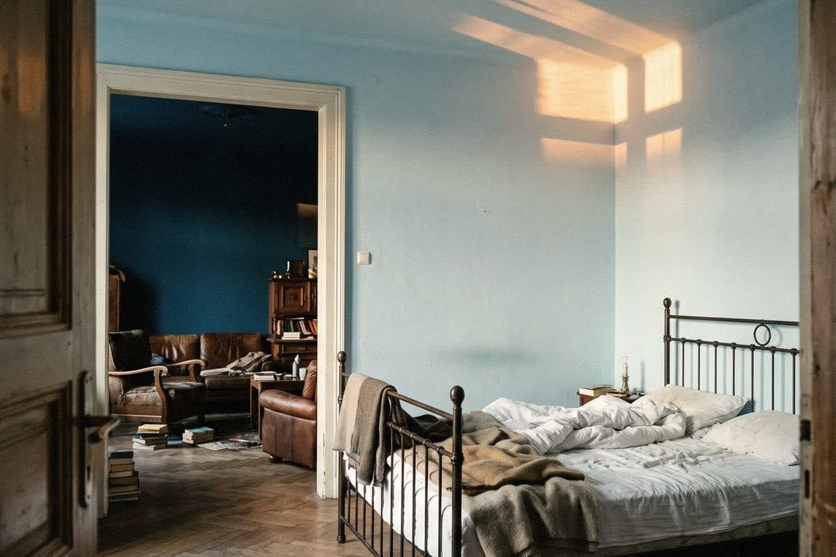 A bedroom with pale sky blue walls and ceiling, an iron bed, and a deep blue living room through the doorway
