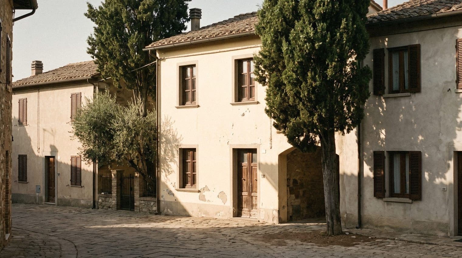 Cream rendered houses with brown shutters and wooden doors on a cobbled square, cypress and olive trees in front