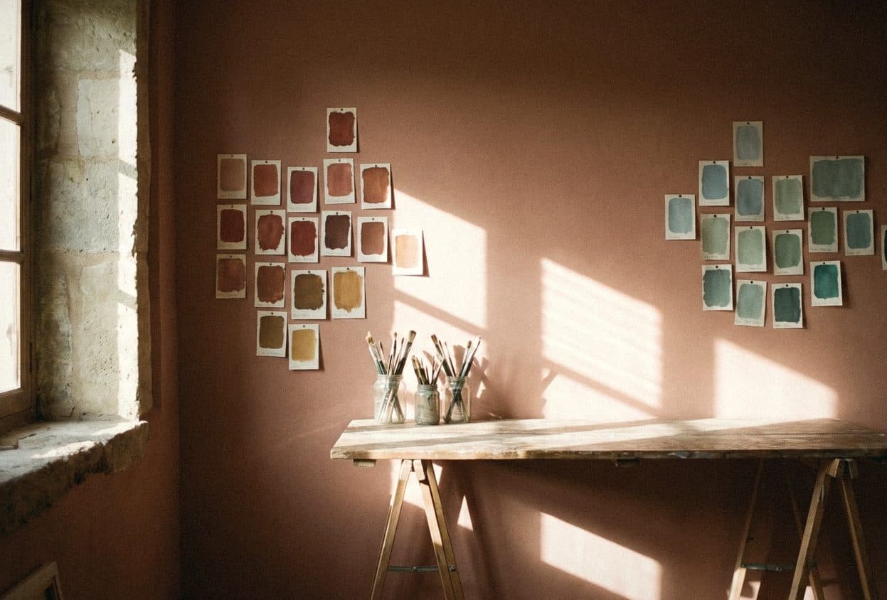 A terracotta-pink wall pinned with warm swatches on one side and cool blue-green ones on the other, above a trestle desk.