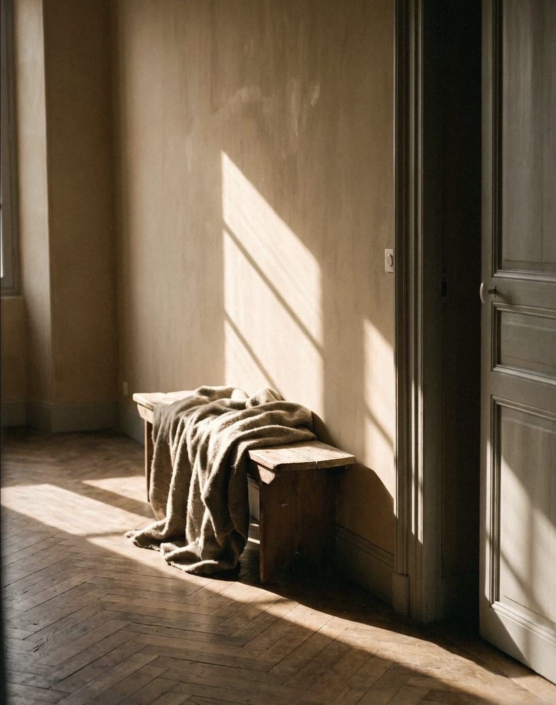A low wooden bench draped with a taupe blanket against a beige plaster wall, beside a tall panelled door