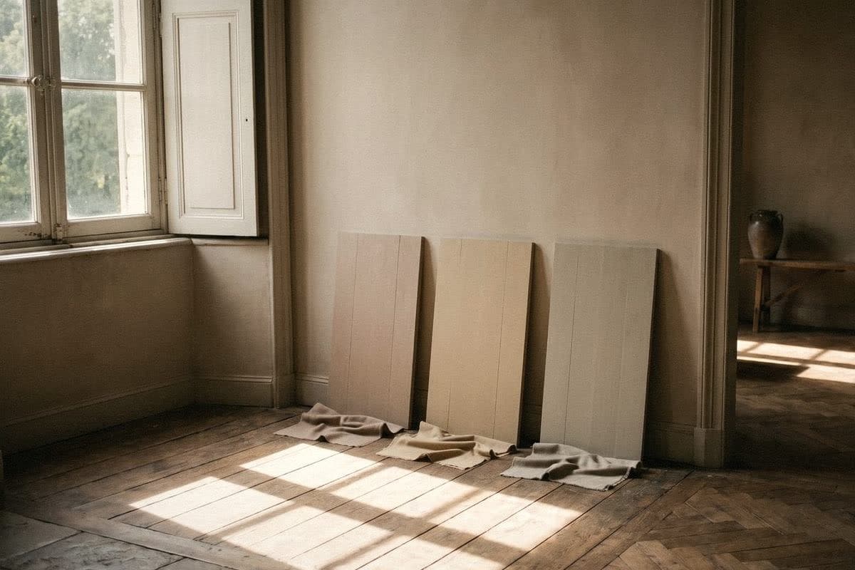 Three sample boards in graded beige tones leaning against a cream wall in a sunlit room