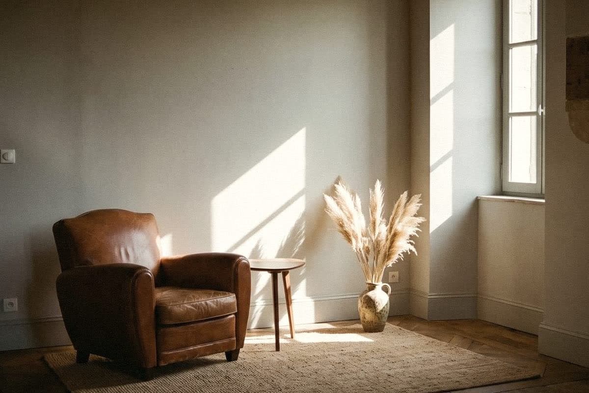 A tan leather armchair, a small wooden side table and a vase of pampas grass against a pale grey wall in sunlight
