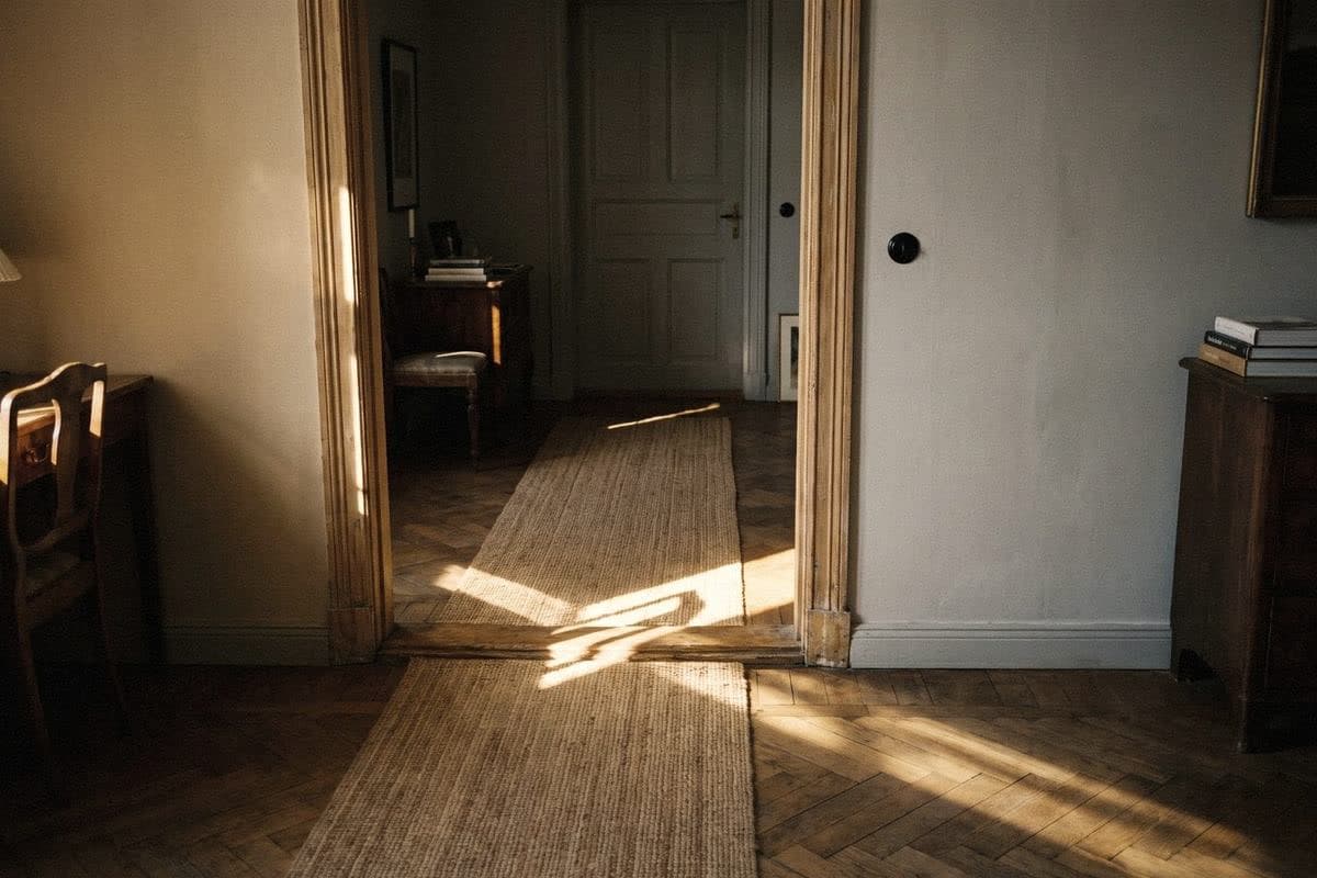 A doorway linking a warm beige room with a pale grey one, a natural-fibre runner leading through