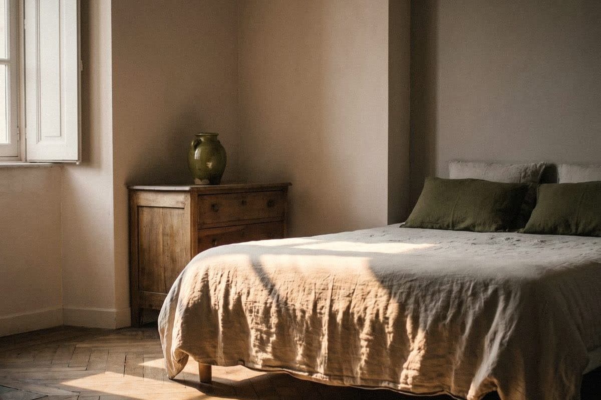 A bedroom with beige walls, sand linen bedding, olive green pillows and a wooden chest with a green jug