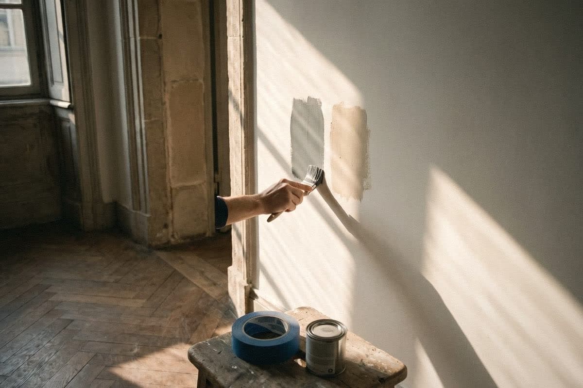 A hand brushing grey and beige sample patches side by side on a wall, with a paint tin and tape on a stool