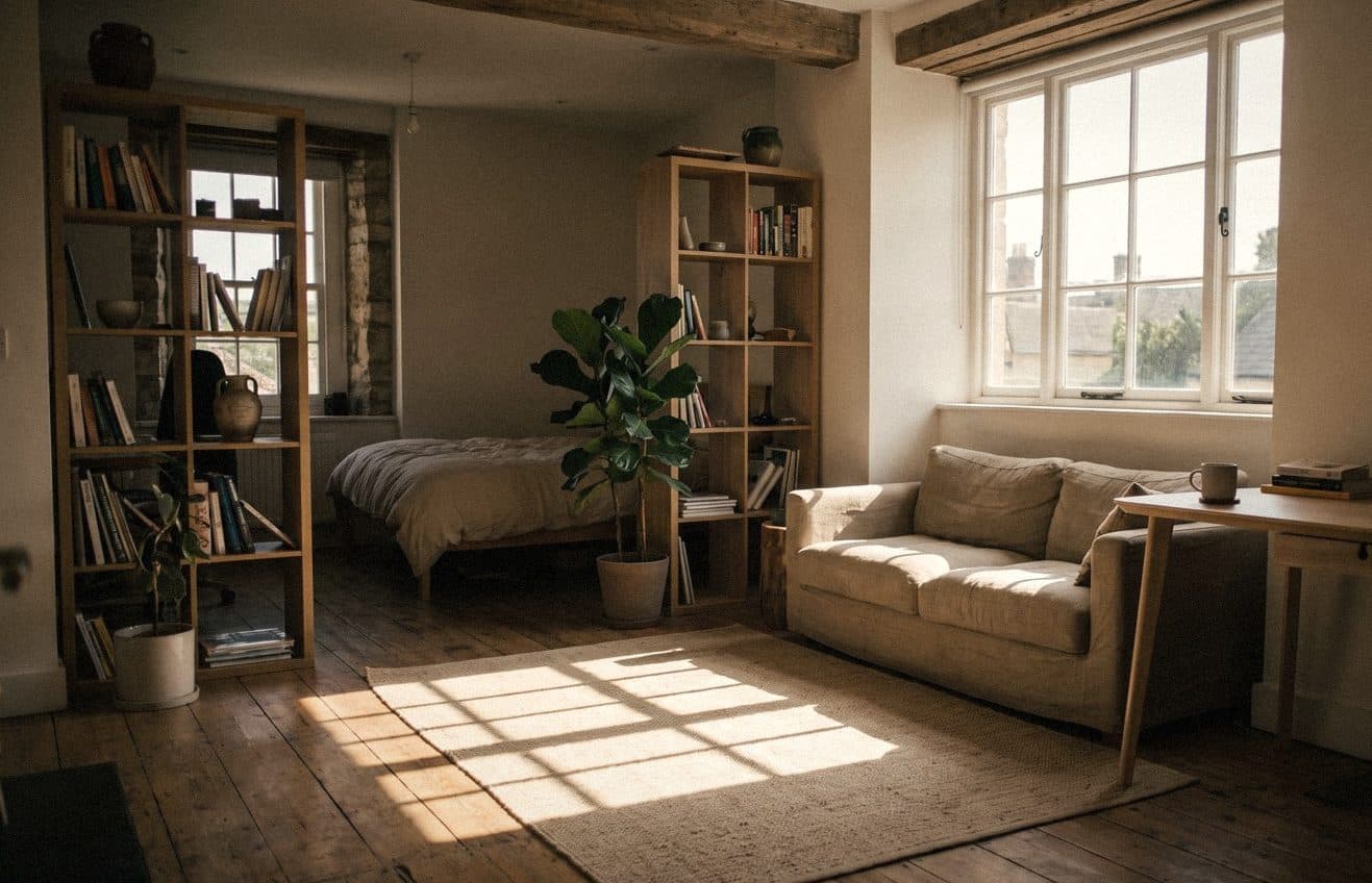 A studio flat with soft white walls, open shelving screening the bed, a beige sofa, jute rug and sun from a big window.
