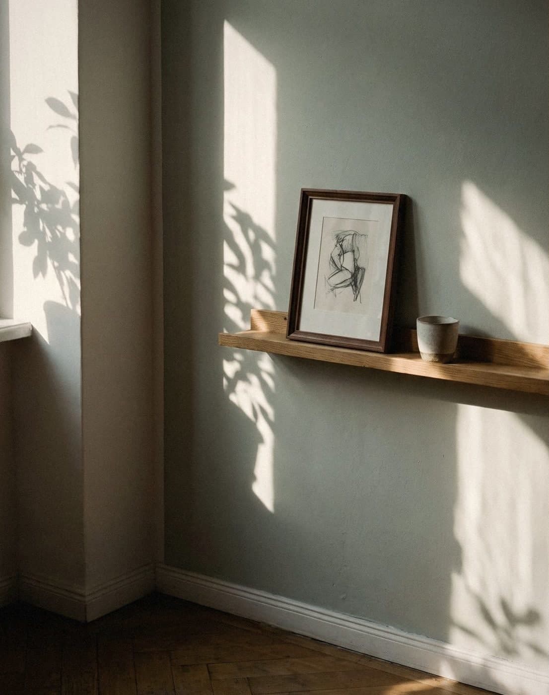 A slim wooden ledge on a pale grey-green wall holding a framed sketch and ceramic cup, with leaf shadows across it.