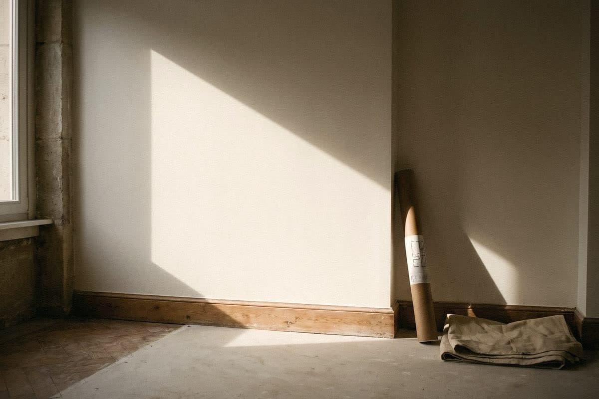 An empty room before work: a cream wall in slanting sun, a rolled floor plan leaning on it and a folded drop cloth.