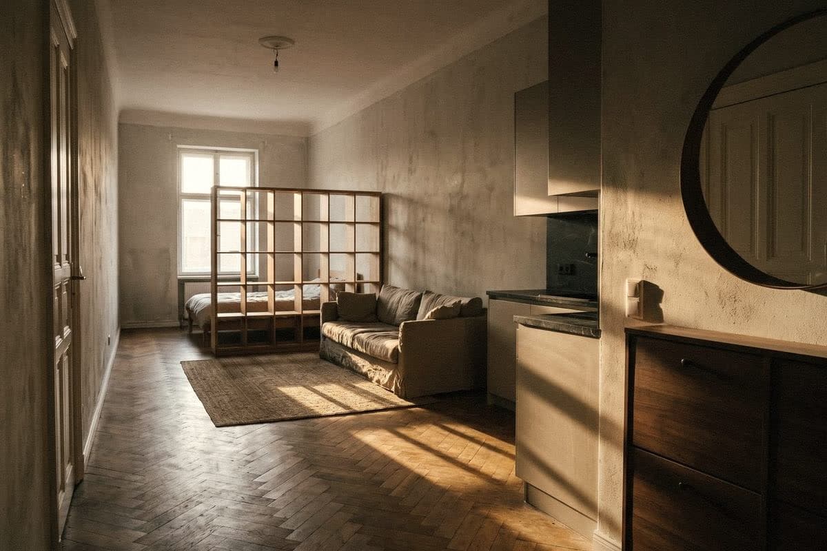 A long studio with warm grey plaster walls, open shelving screening the bed, a sofa on a jute rug and a kitchenette.