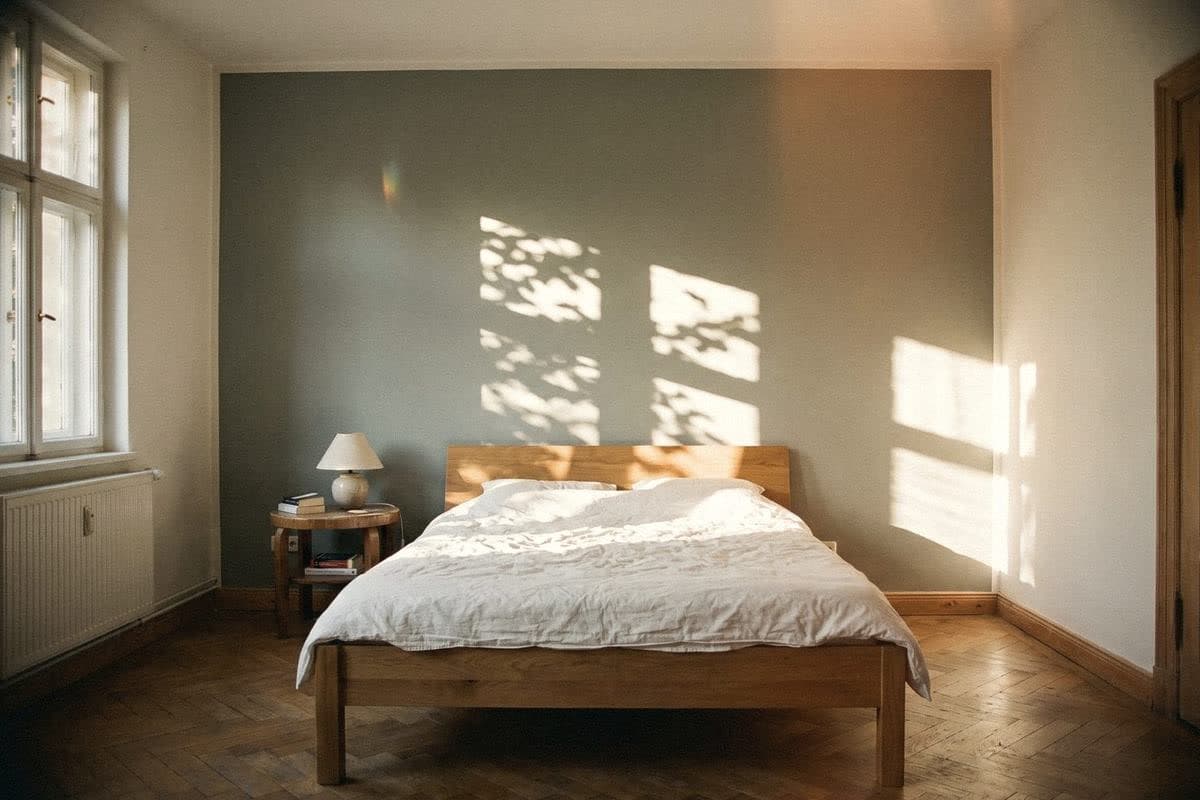 A bedroom with a grey-green wall behind the bed, soft white walls around it, a wooden bed and sun patterns on the wall.