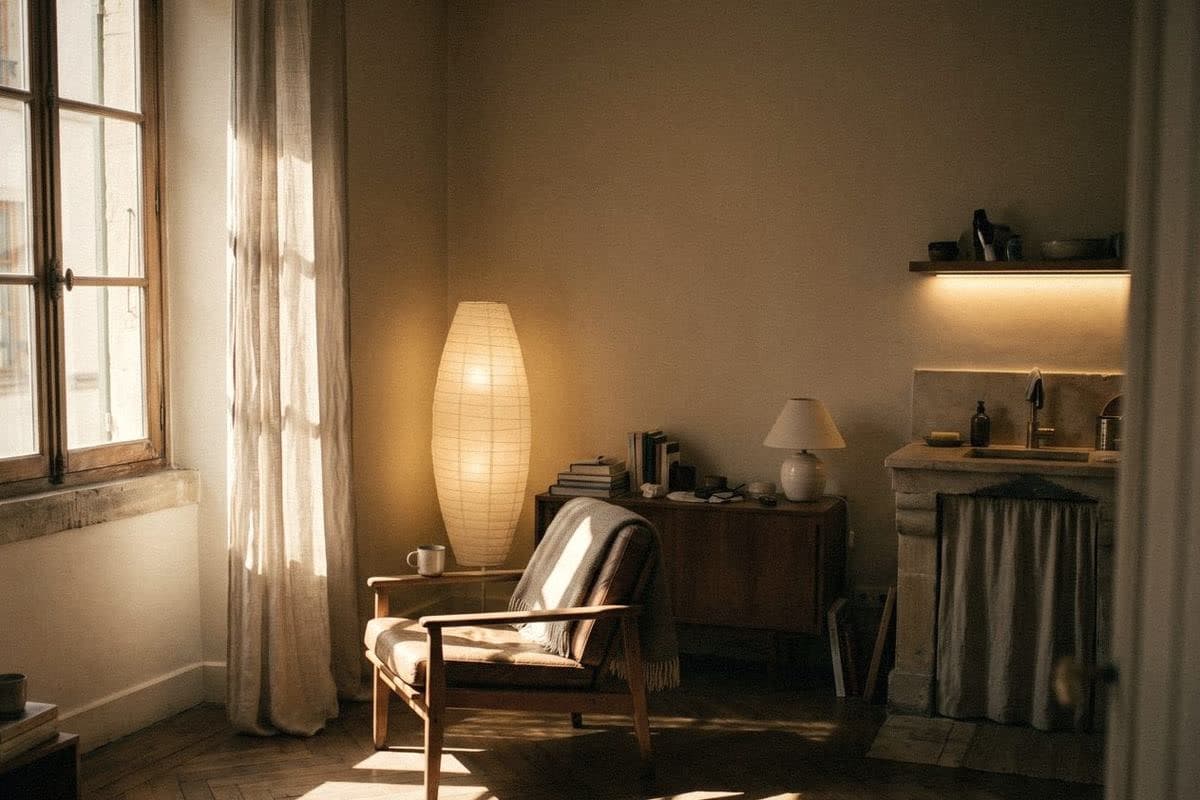 An evening corner lit by a paper floor lamp, a table lamp and an under-shelf strip light against a warm beige wall.
