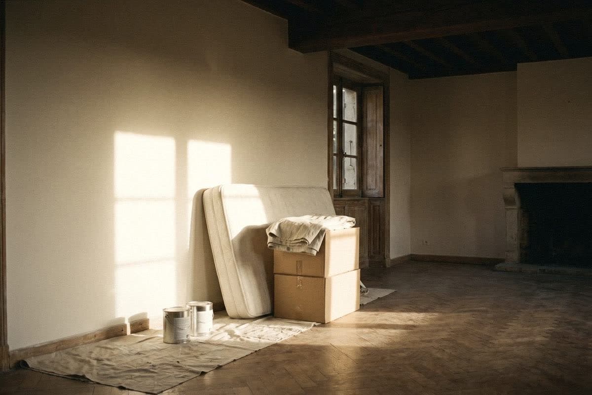 An empty room with soft white walls, paint tins on a drop cloth, a mattress against the wall and boxes waiting.