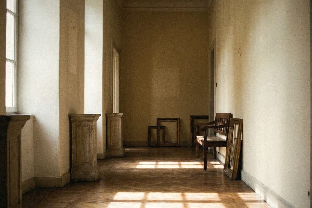 Hallway with warm cream walls in sun from a row of windows, a wooden bench and empty frames against the wall