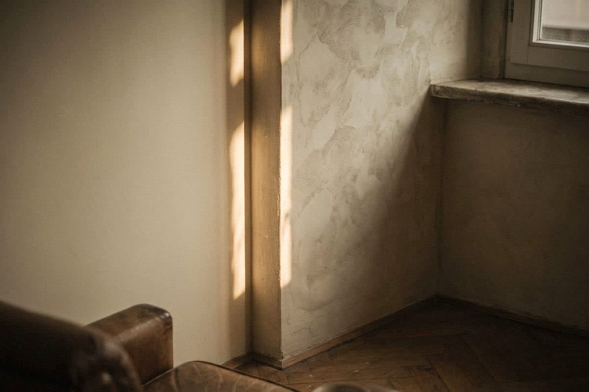 A smooth cream wall meeting a textured cream mineral wall, with a thin line of sun and a leather armchair
