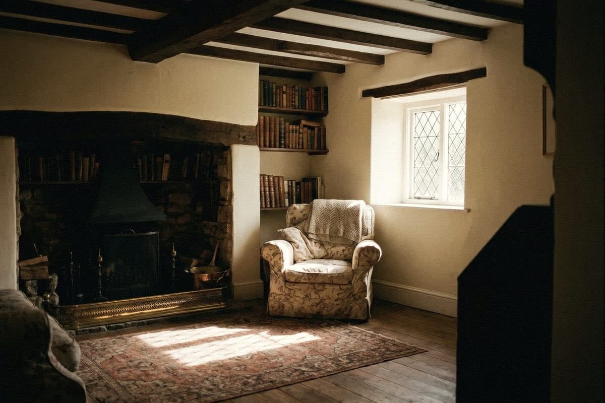 A cottage sitting room with cream walls, dark beams, an inglenook fireplace, books, a floral armchair and an old rug