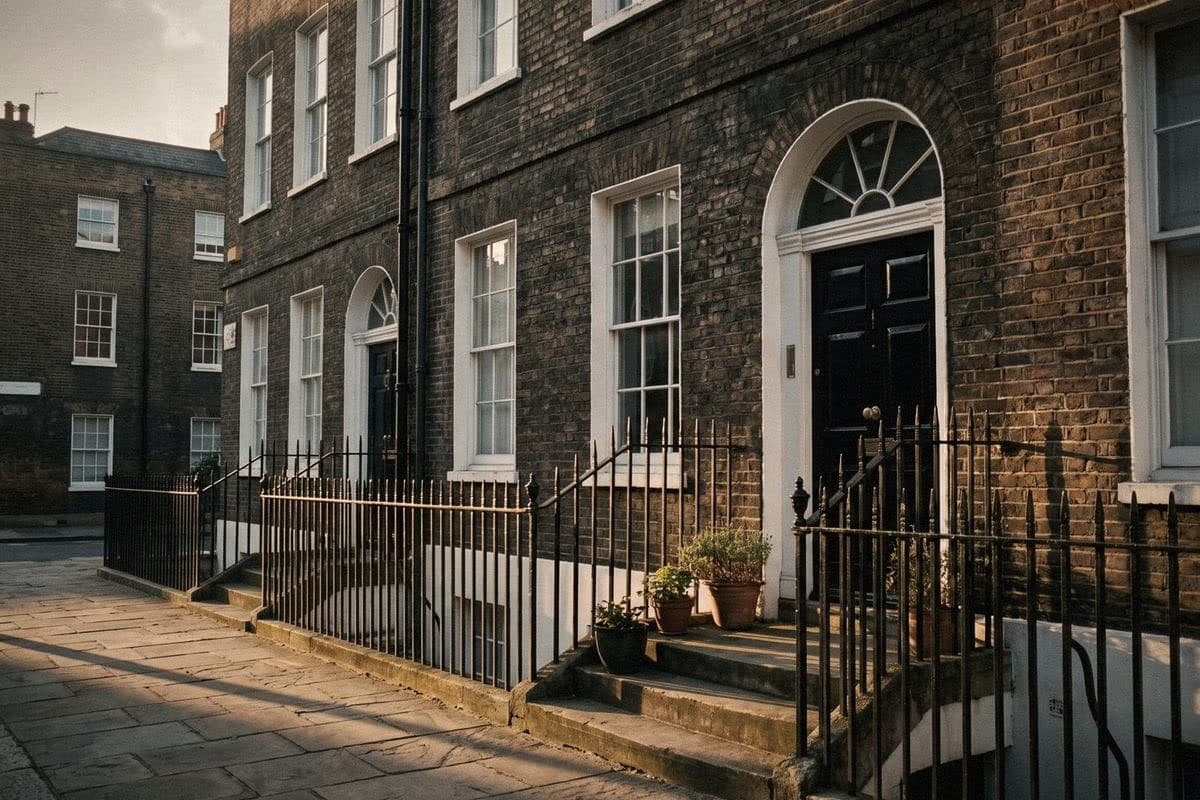 A row of London brick townhouses with black doors under fanlights, white sash windows and iron railings