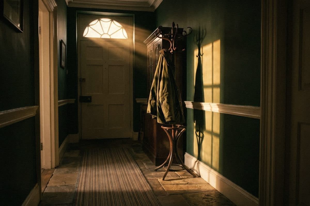 A dark green hallway with a cream dado rail, a bentwood coat stand, a striped runner and flagstone floor