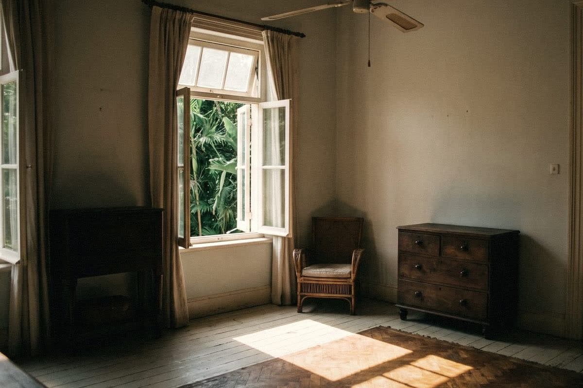 A pale grey room with an open window onto tropical green, light curtains, a ceiling fan, a cane chair and a chest