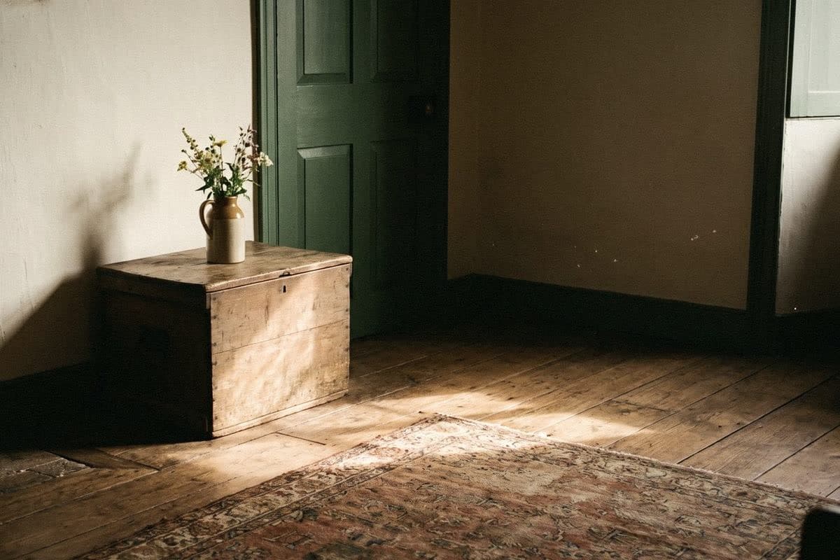 A warm white wall beside a dark green panelled door, an old pine chest with wildflowers and a faded Persian rug
