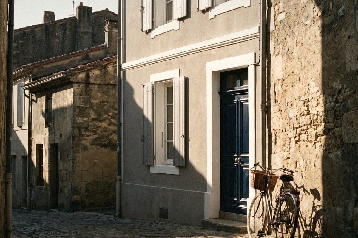 A pale grey house with white window and door trims, a navy front door and a bicycle by a stone wall