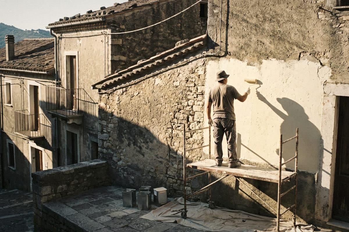A painter on scaffolding rolls cream paint onto an exterior wall, with paint tins on a dust sheet below