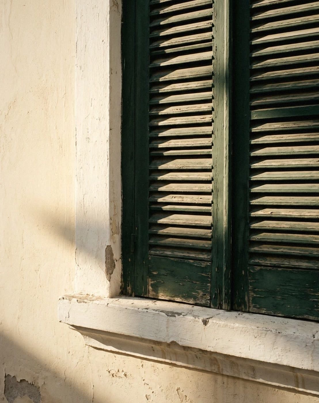 Worn dark green louvred shutters set in a cream plaster wall with a white sill