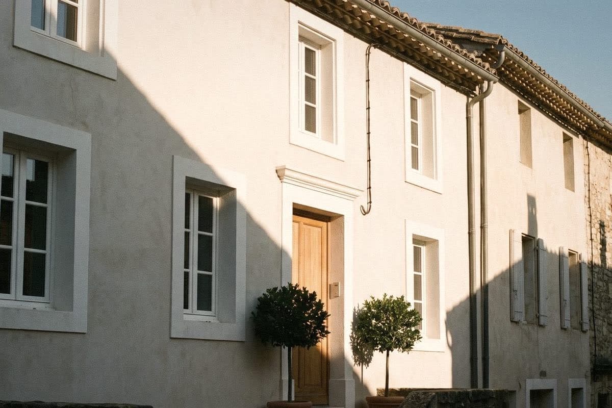 A cream townhouse with crisp white window surrounds, a natural wood door and two clipped trees in pots