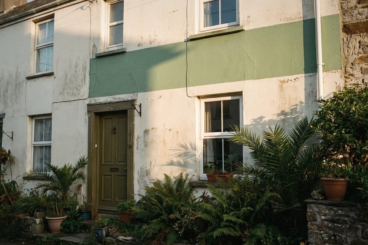 A cream terraced house with a sage-green band and an olive-green door, ferns and palms in the front garden