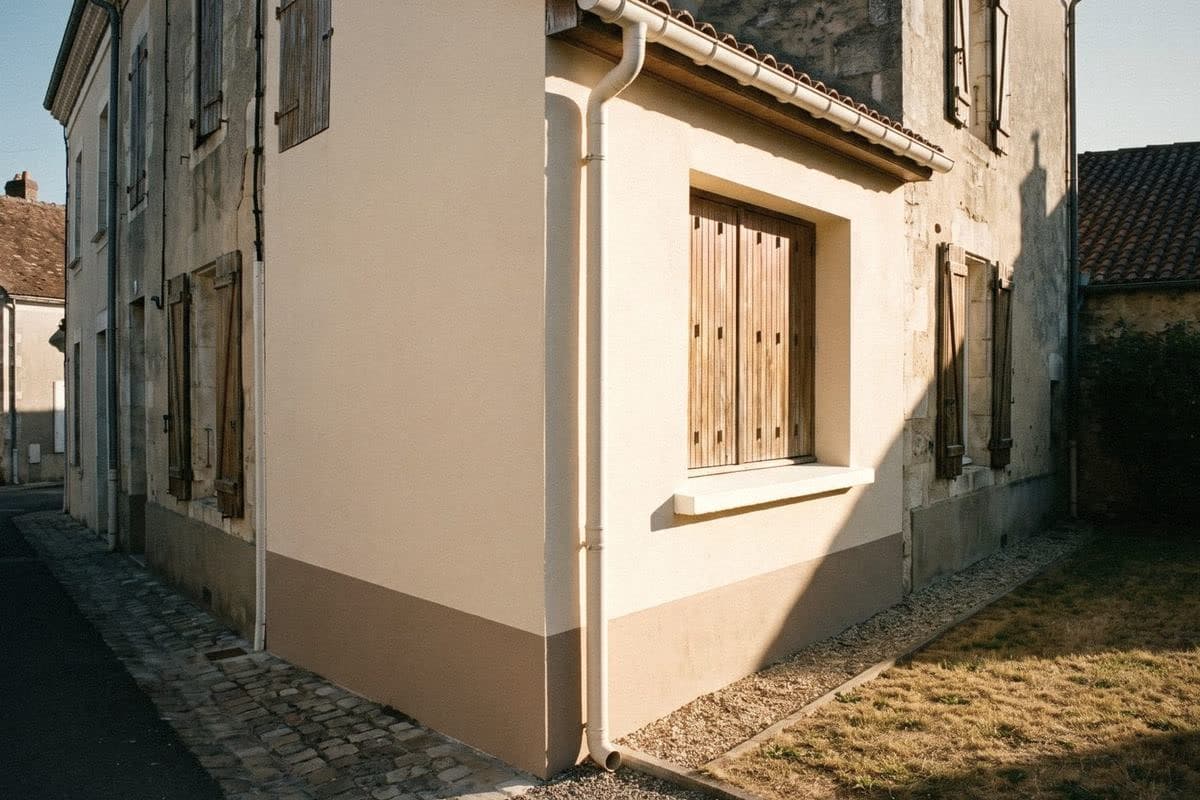 A cream house with a darker band along the base, wooden shutters and a white drainpipe in bright sun