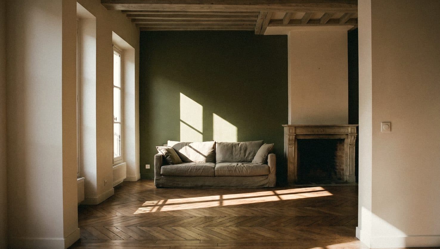 A white living room with one deep olive green feature wall behind a linen sofa, beside a stone fireplace