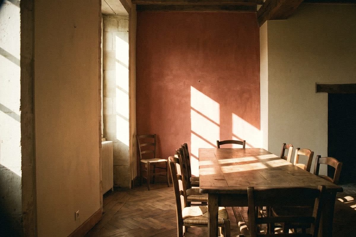 A dining room with a brick red feature wall at the end of a long wooden table, the other walls left cream