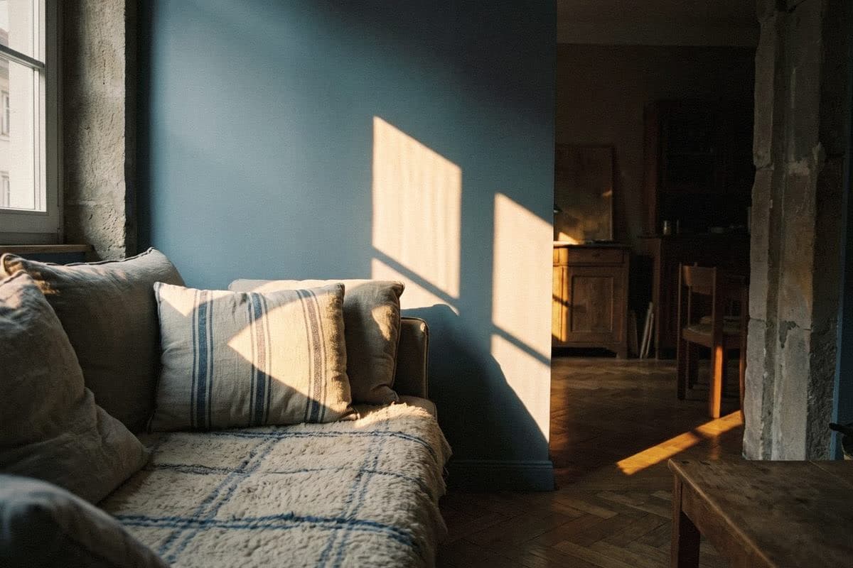 A dusty blue wall behind a sofa whose blue striped linen cushions echo its colour, in low afternoon sun