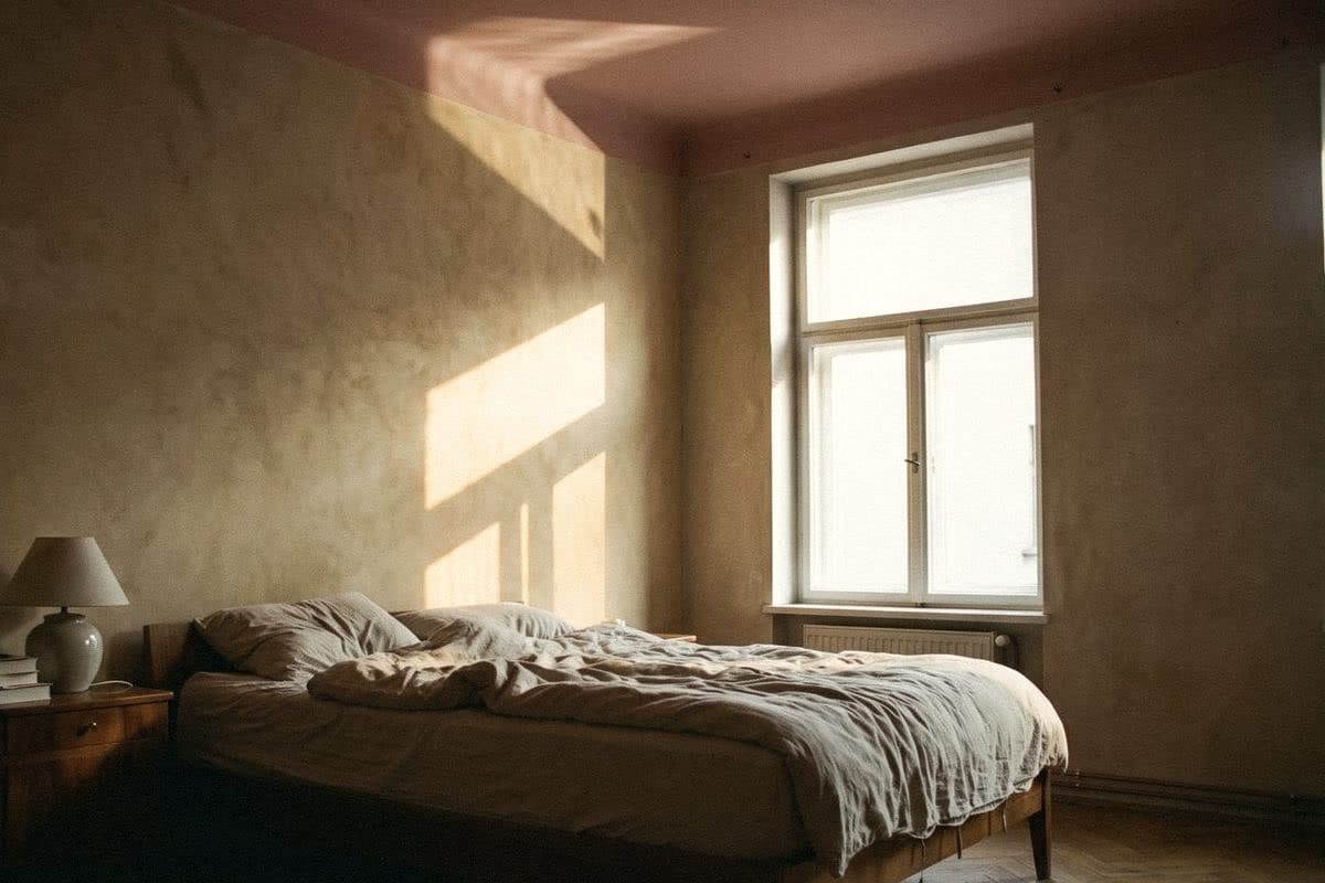 A bedroom with beige limewash-textured walls and a dusty pink painted ceiling, lit by a tall window