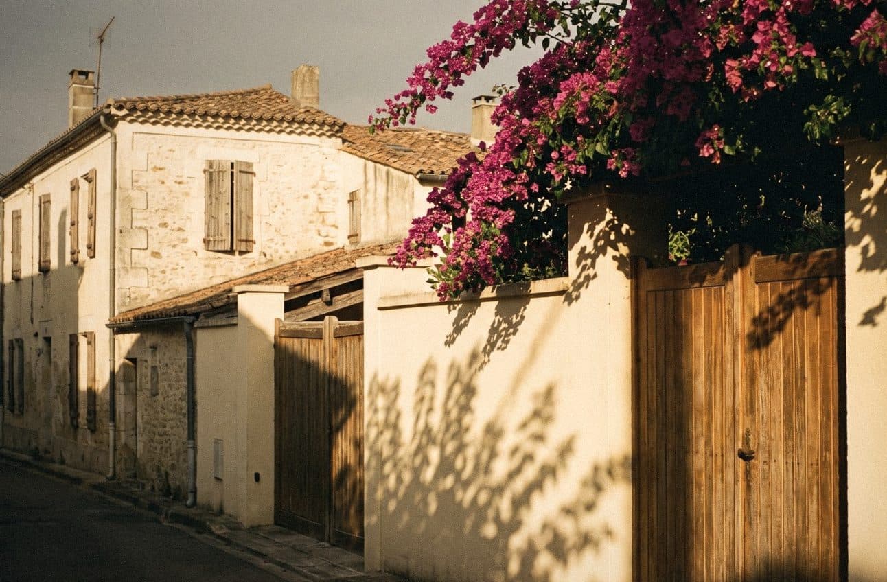 A cream rendered garden wall with tall timber gates, magenta bougainvillea spilling over it in evening light