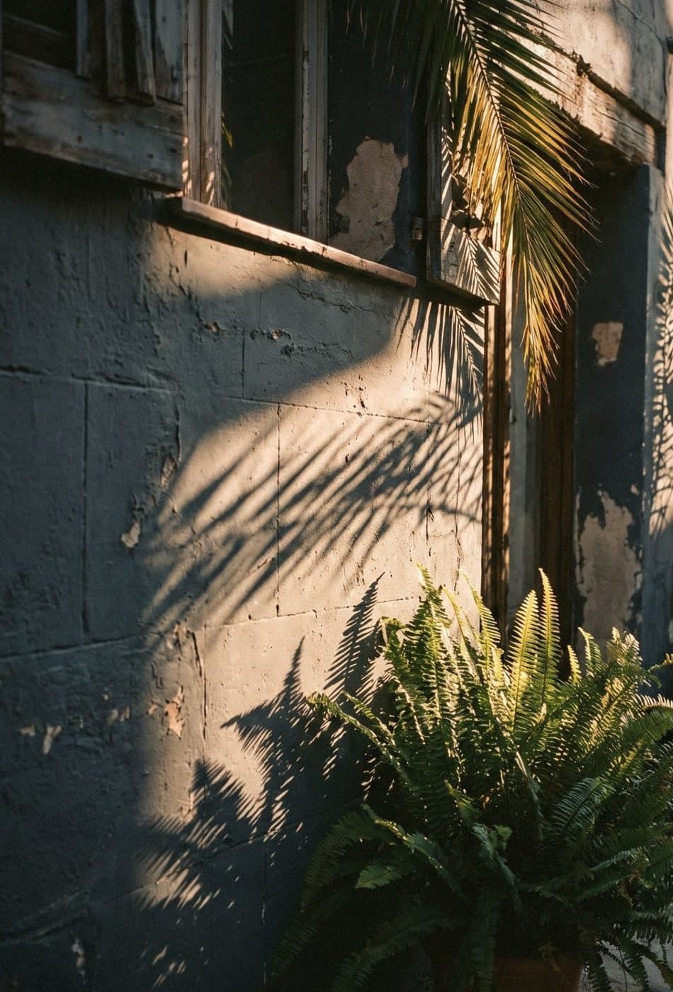 A weathered blue-grey wall with peeling plaster, a fern and palm fronds in raking sunlight
